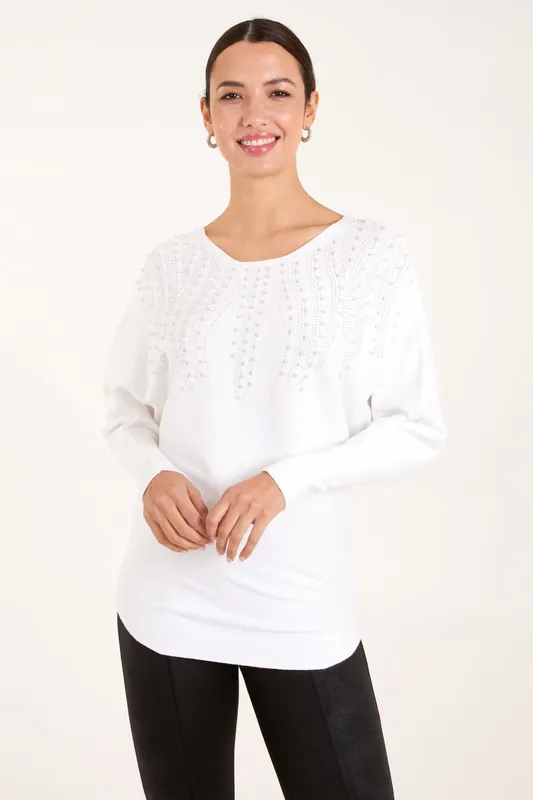 Embellished Pearl Knitted Jumper - Blue Vanilla