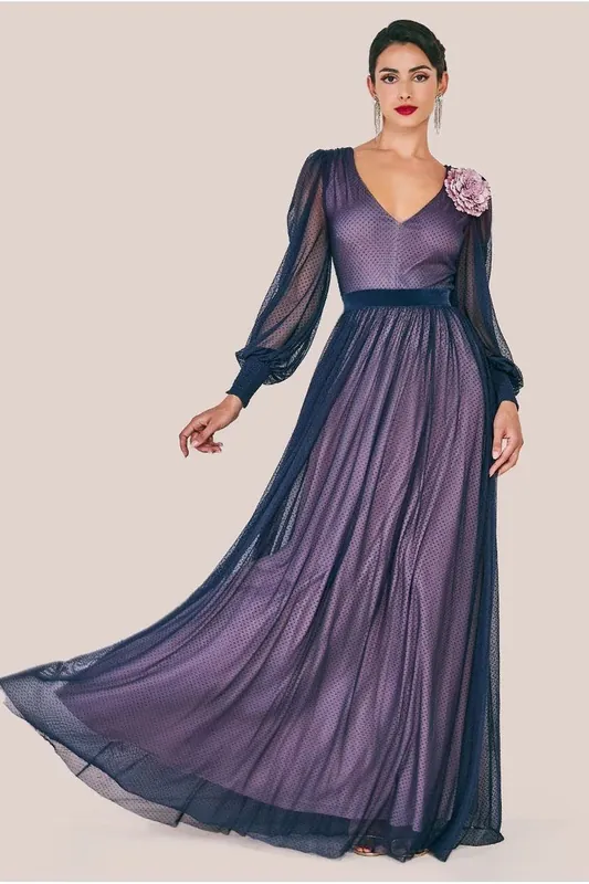Corsage V-Neck Dobby Mesh Maxi