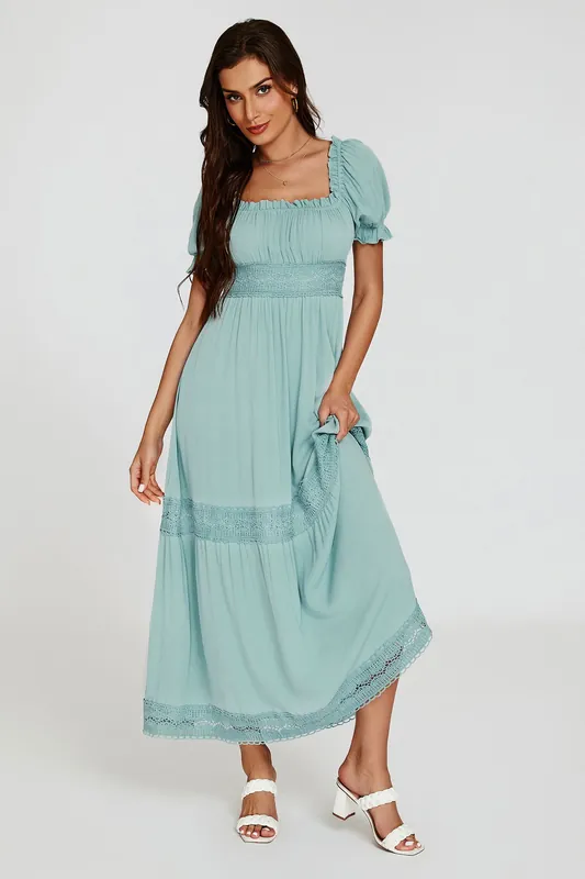 Lace Detail Bardot Maxi Dress In Blue - FS Collection