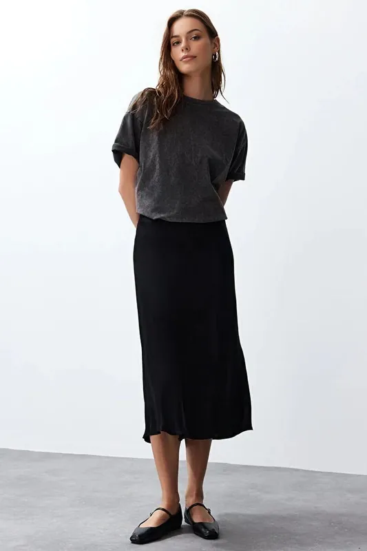 A-Line Satin Midi Woven Skirt with Fluid Drape and Elegant Silhouette