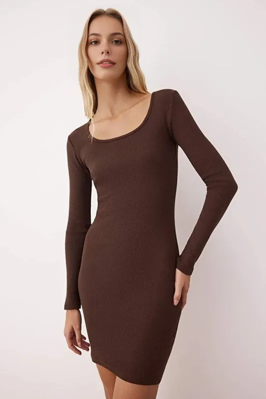 Crew Neck Mini Ribbed Knit Pencil Dress - WOVCOR