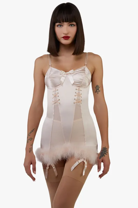Elsie Peach Spiral Cup Feather Hem Corselette Slip - Playful Promises
