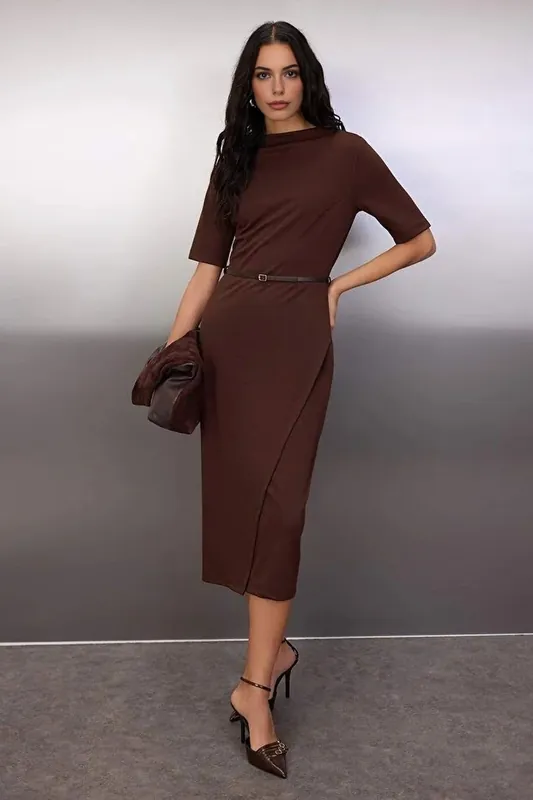 Belted Short Sleeve Midi Knitted Dress - WOVCOR