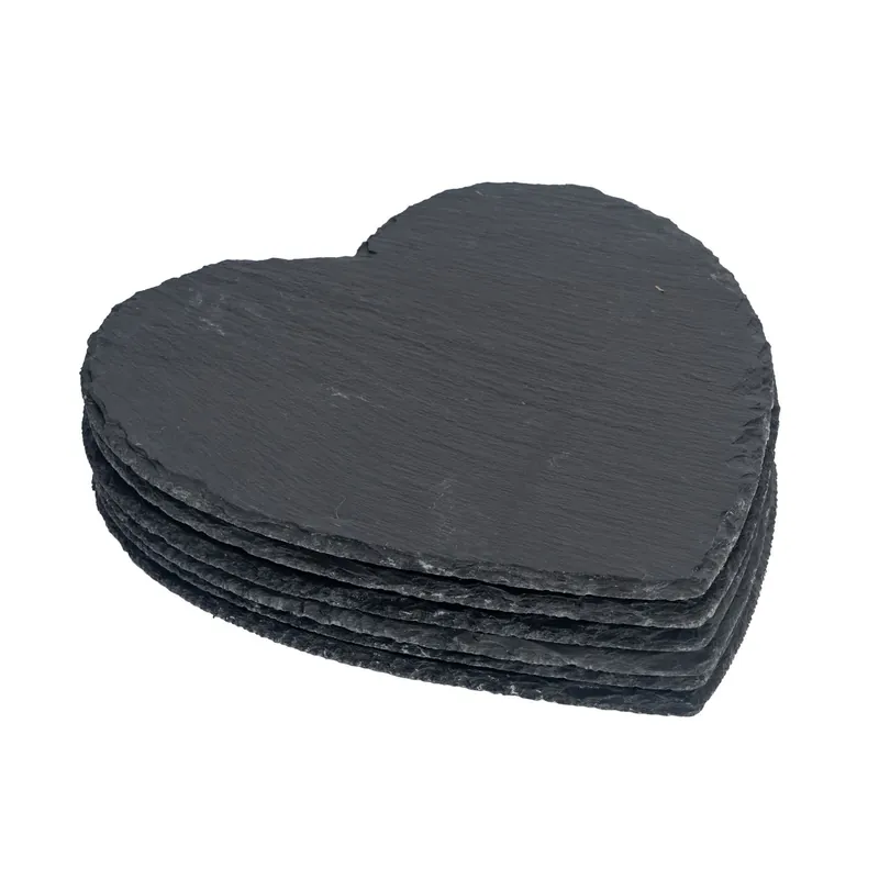 Heart Slate Placemats - 25cm - 6x Large Natural Black Stone Dining Table Dinner Serving Board Platter Place Mats Sets