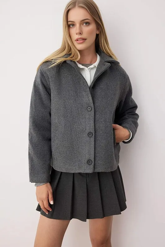 Plain Button Up Collared Wool Blend Cropped Coat - WOVCOR