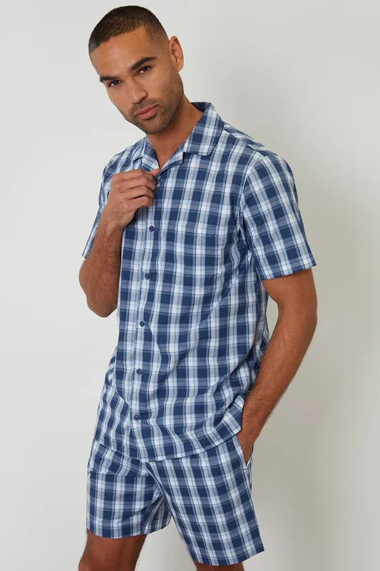 Check Cotton Short Sleeve Shirt & Shorts Pyjama Set - Threadbare