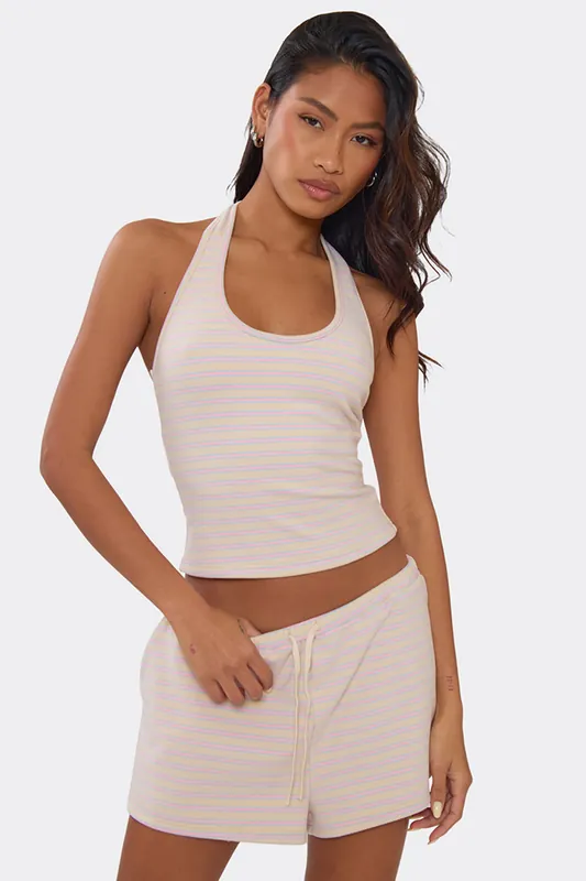 Fitted Sleeveless Halter Neck Striped Top - EGO