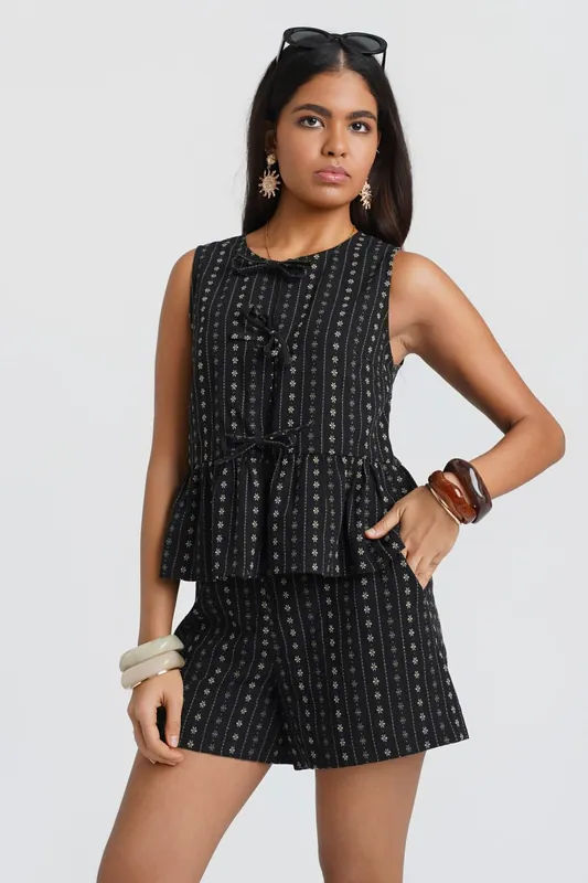 Black Floral Tie Front Peplum Top - Needs No Label