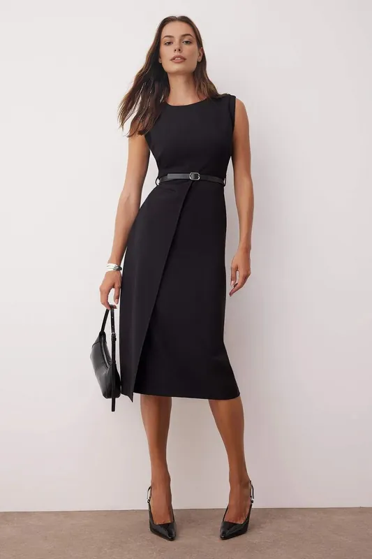 Belt-Detailed Woven Midi Dress