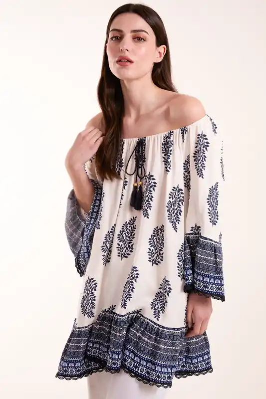 Mix Print Bardot With Tassel Dress - Blue Vanilla