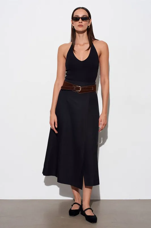 Mid-Waist A-Line Midi Skirt With Belt