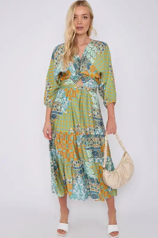 Green Multi FPrint Knotted Long Sleeve Maxi Dress - Love Sunshine