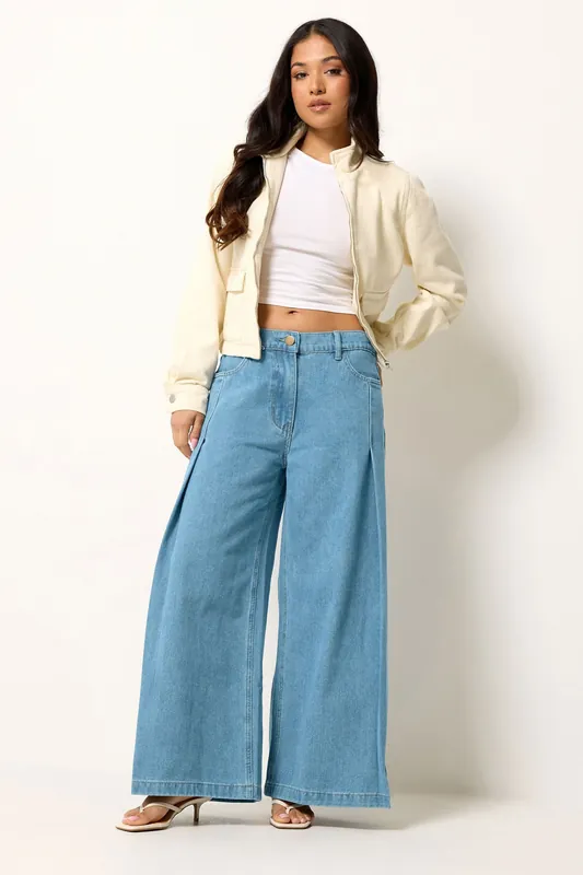 Petite Pleated Palazzo Wide Leg Jeans - PixieGirl