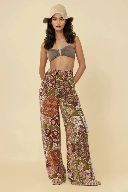 Printed Wide Leg Pants with Drawstring - Hiccup
