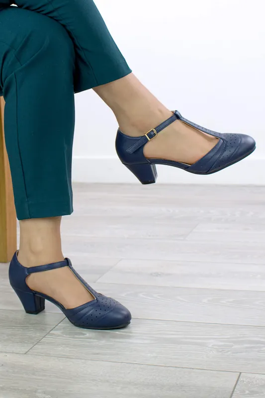 Mid Block Heel T-Bar Comfort Brogue Court Shoes