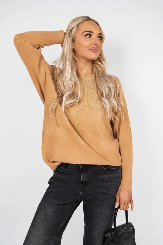 Haisley Long Sleeve Knitted Jumper With Embellished Neckline - IKRUSH