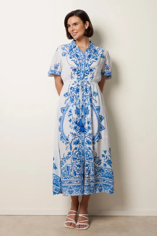Blue Floral Blue Print Drawstring Dress - Blue Vanilla