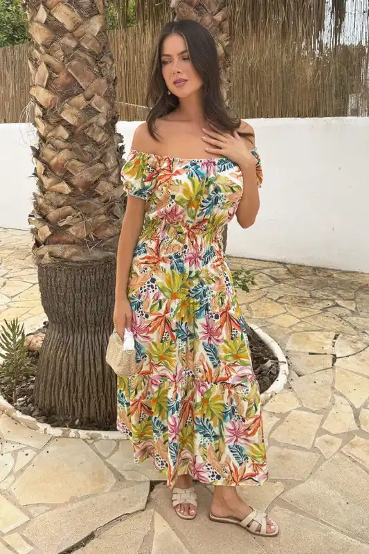 Multi Tropical Garden Print Shirred Waist Smock Midi Dress - AX Paris