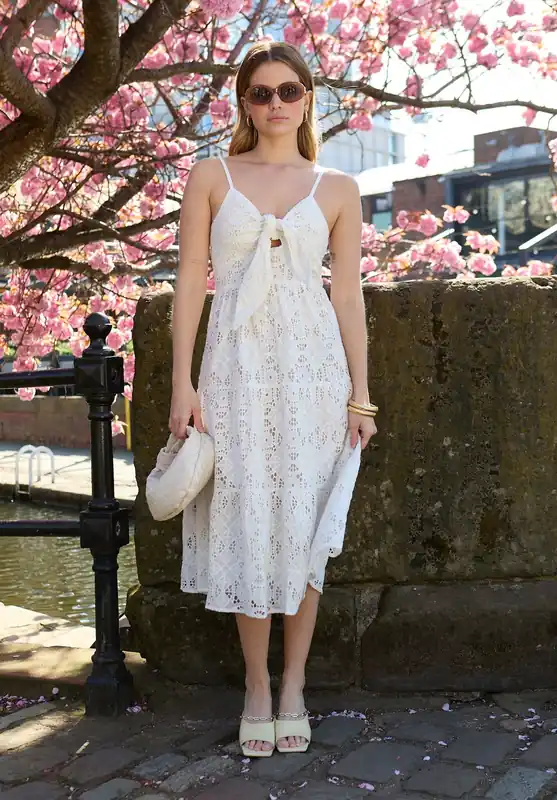 Onita Tiered Broderie Anglaise Midi Dress In White - Lily and Lionel