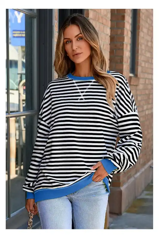 White Stripe Striped Contrast Ribbed Trim Crossed Stitch Drop Shoulder - Everyday The Label
