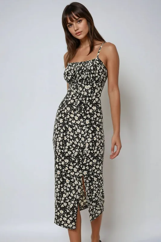 Allover Flower Print Bodycon Midi Dress with Slit - Hiccup