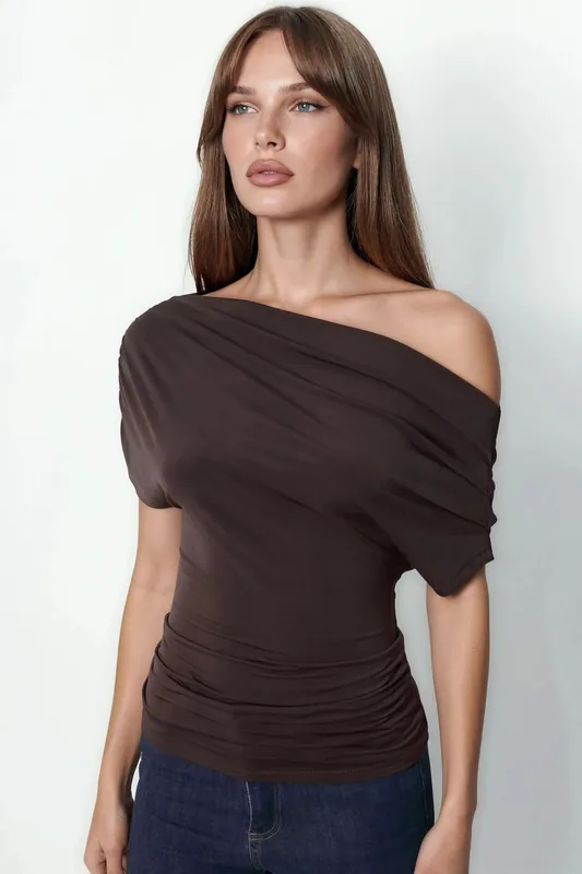 Asymmetrical Collar Short Sleeve Blouse - Hiccup