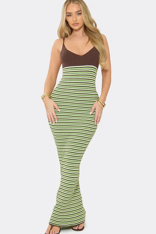 Strappy Contrast Striped Knit Maxi Dress - EGO