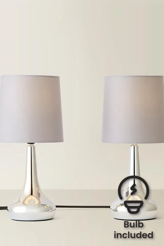 Teardrop Pair Fabric Shades Brushed Chrome Touch Table Lamps and Bulbs - ValueLights
