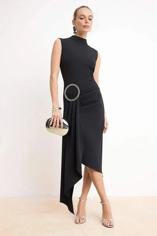 High Neck Draped Midi Dress with Hardware Waist Detail - WOVCOR