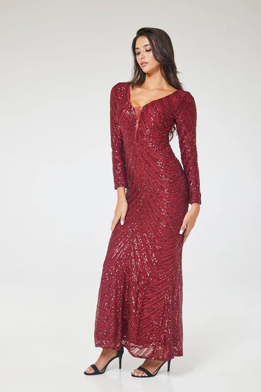 Wine Long Sleeve Sequin Maxi Dress - LuvForever Fashion