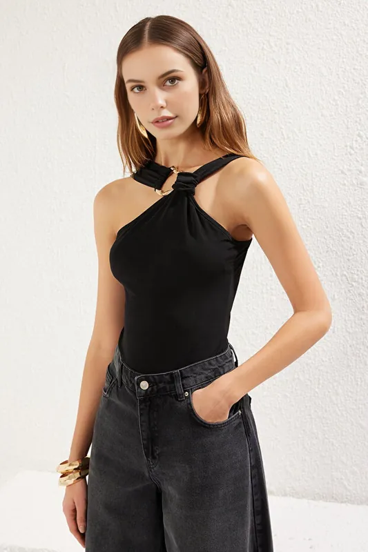 Accessory Detail Asymmetric Neck Knit Bodysuit - WOVCOR