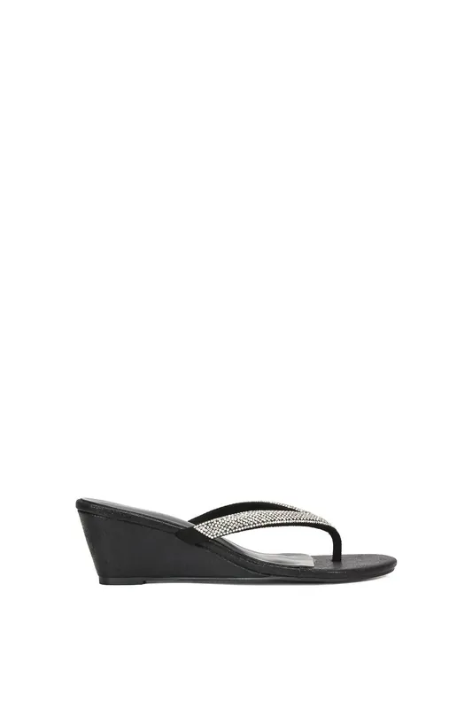 Nina' Wedge Heel Sandal Mules With Diamante Thong Strap - XY London
