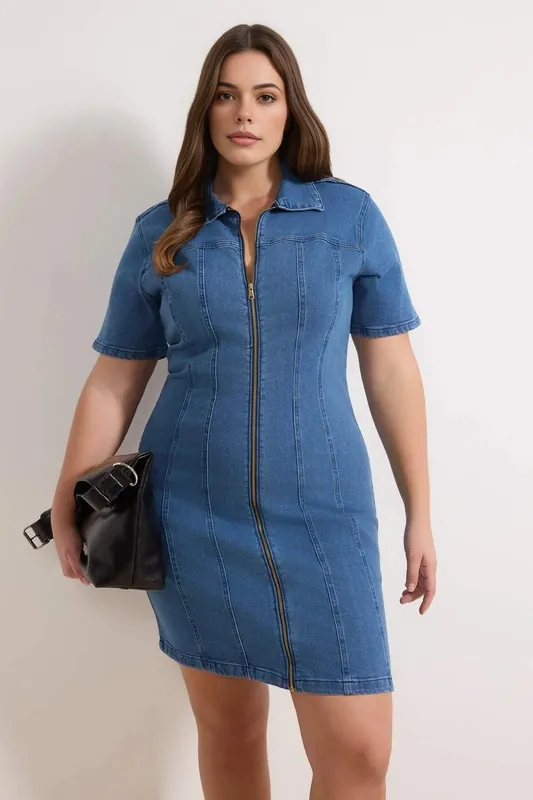 Zip Front Denim Bodycon Mini Dress with Short Sleeves - WOVCOR