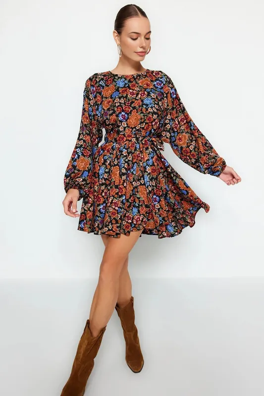 Floral Print Long Sleeve Tie Waist Mini Dress - WOVCOR