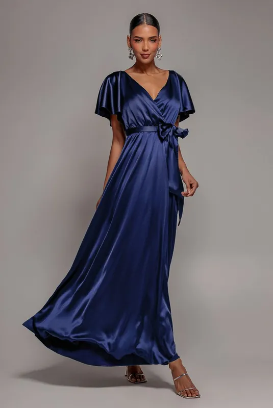 Satin Flutter Sleeve Wrap Maxi Dress - Goddiva