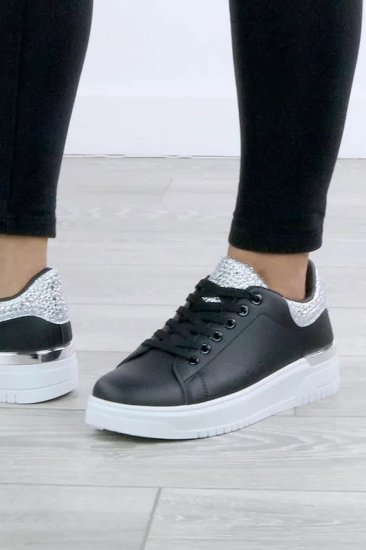 Low Wedge Heel Crystal Flat Chunky Sole Lace up Glitter Trainers - AJVANI