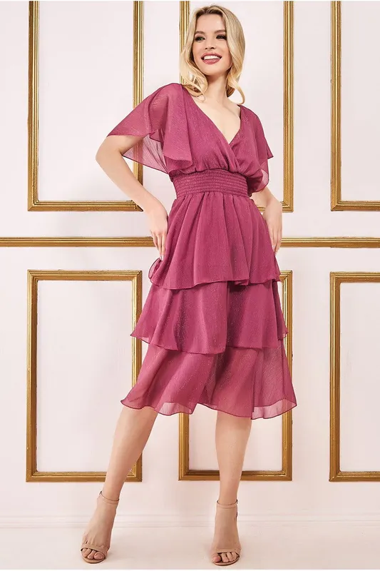 Chiffon Layered Flutter Sleeve Midi Dress - Goddiva