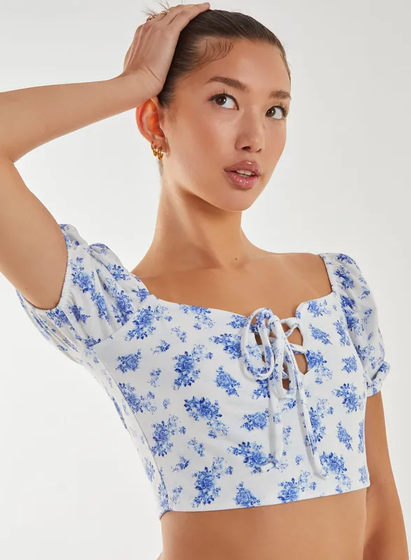Floral Puff Sleeve Crop Top - Pink Vanilla