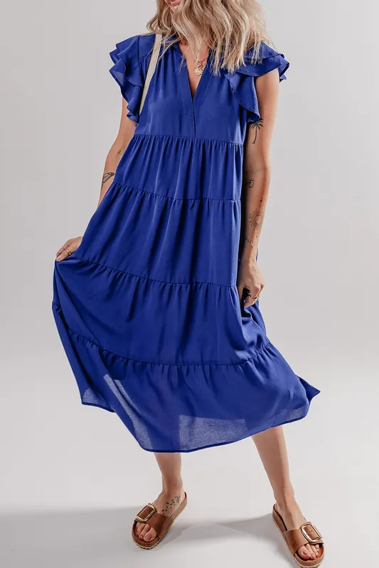 Bluing Ruffled Short Sleeve Collared V Neck Tiered Midi Dress - Everyday The Label