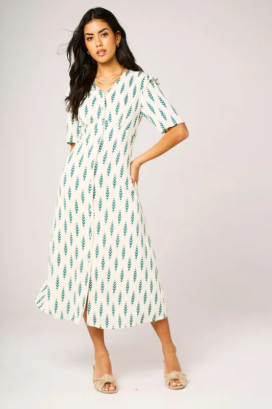 Botanical Leaf Print Button-Front Midi Short Sleeves DressIn Off White