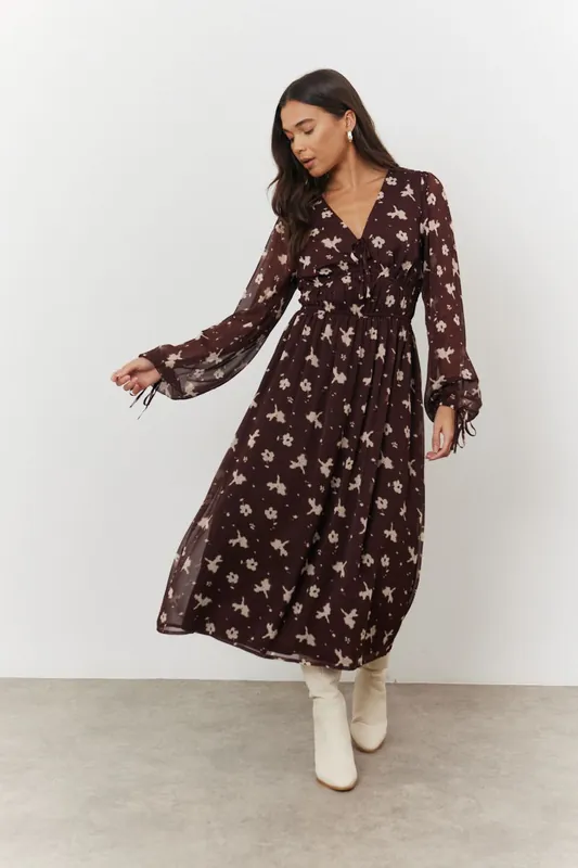 Brown Floral Print Chiffon Tie Front Balloon Sleeve Midi Dress - In The Style