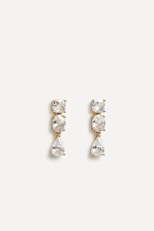 Stardust Gold Crystal Three Stone Drop Earrings - Linzi