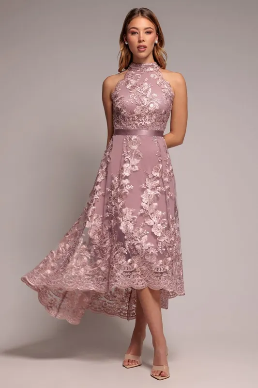 Halter Neck Lace High And Low Dress - Goddiva