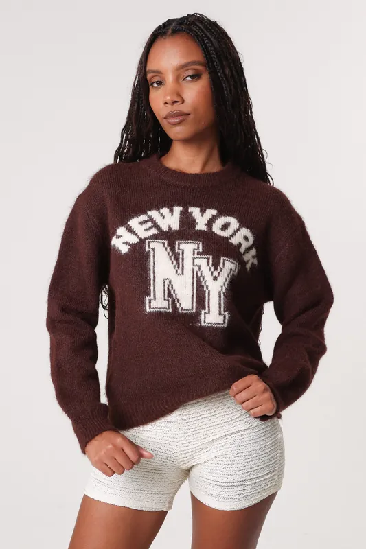 Brown Knitted New York Jumper - Pink Vanilla