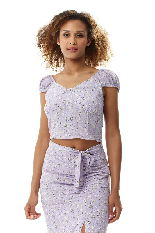 Floral Button Up Front Top In Lilac - Liquorish