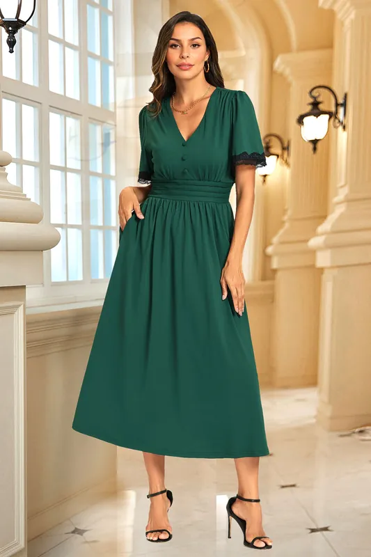 Lace Trim Jersey Midi Dress In Green - FS Collection