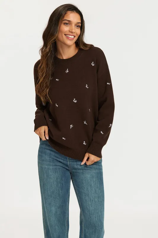 Embroidered Floral Knit Jumper Top In Brown - FS Collection