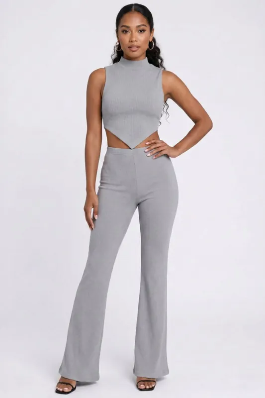 Asymmetric High Neck and Flared Trouser Co-ord Set