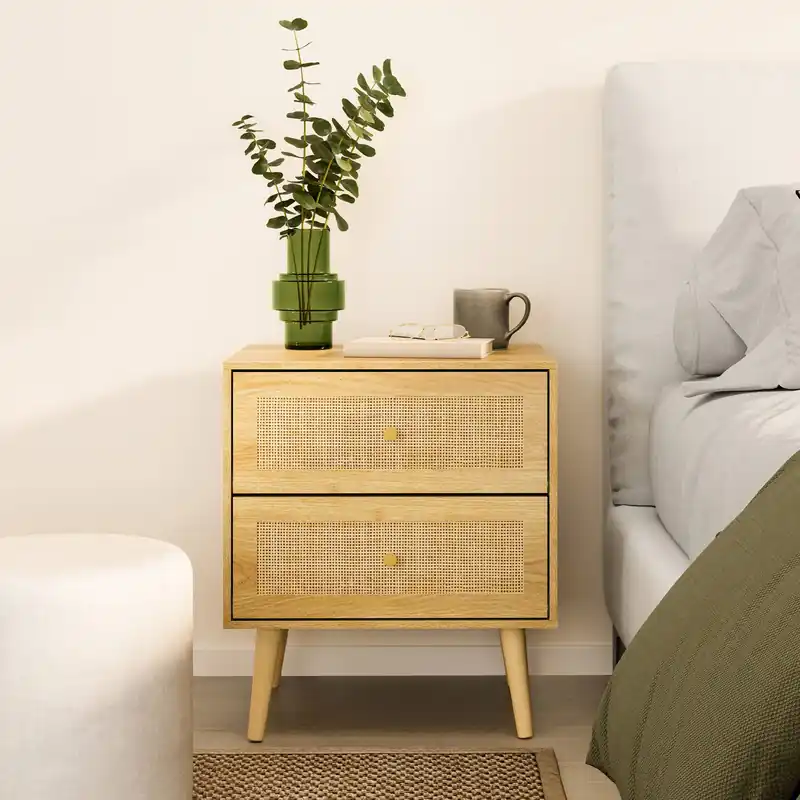 Rattan Fronted 2 Drawer with Gold Handles Bedside Table - VonHaus