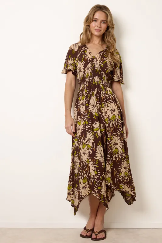Brown Shirred Waist Hanky Hem Dress - Blue Vanilla
